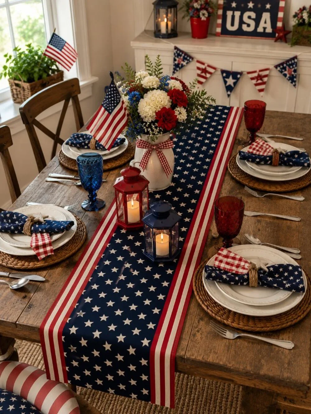 Preppy Patriotic stars and stripes table runner Americana Cottagecore 13